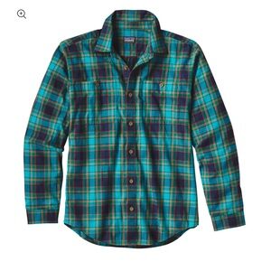 Patagonia Organic Pimo Cotton Teal and Navy Plaid Button-Down Shirt
